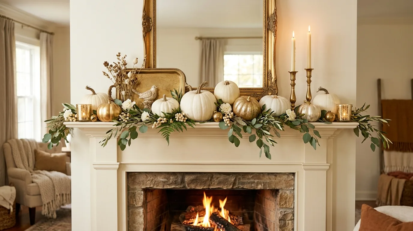 Elegant fall mantel with white pumpkins and gold accents